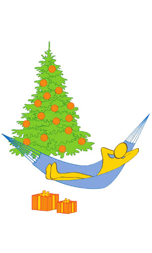eine gelbe Ichfigur entspannt sich neben einem Weihnachtsbaum in einer Hngematte