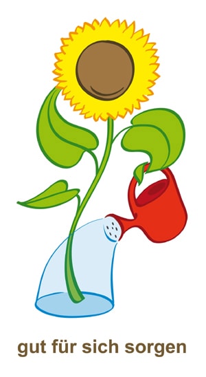 eine Sonnenblume hält mit einem Blatt eine rote Gießkanne und gießt sich selbst; darunter steht: Gut für sich sorgen