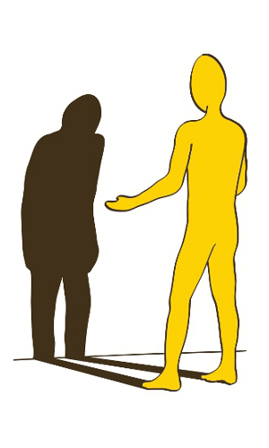eine aufrechte gelbe Ichfigur hat sich ihrem gebeugten Schatten zugewendet; vielleicht reden sie miteinander, vielleicht reicht die gelbe Figur dem Schatten eine Hand, vielleicht ist sie auch nur neugierig zugewandt